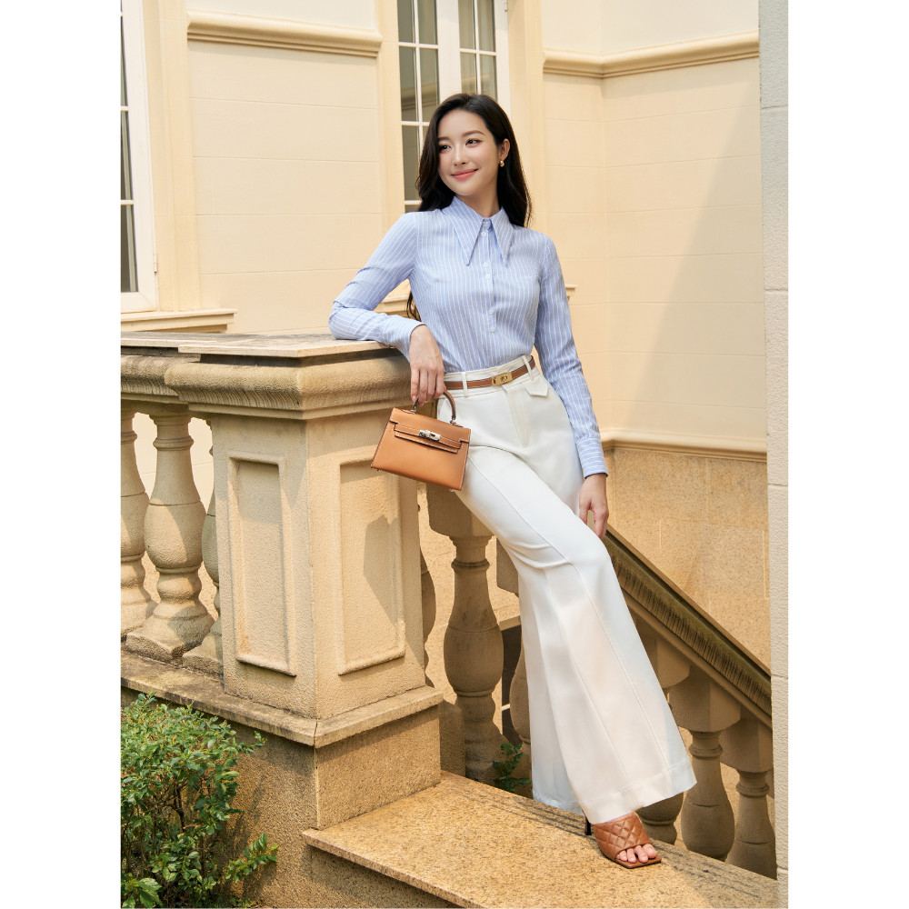 Áo sơ mi nữ ELLA DORA thiết kể cổ nhọn phối kẻ xanh kiểu dáng thanh lịch công sở [SM182]
