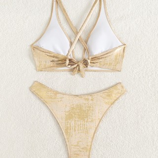 Đồ bơi nữ hai mảnh màu kẹo bronzining với vòng kim loại