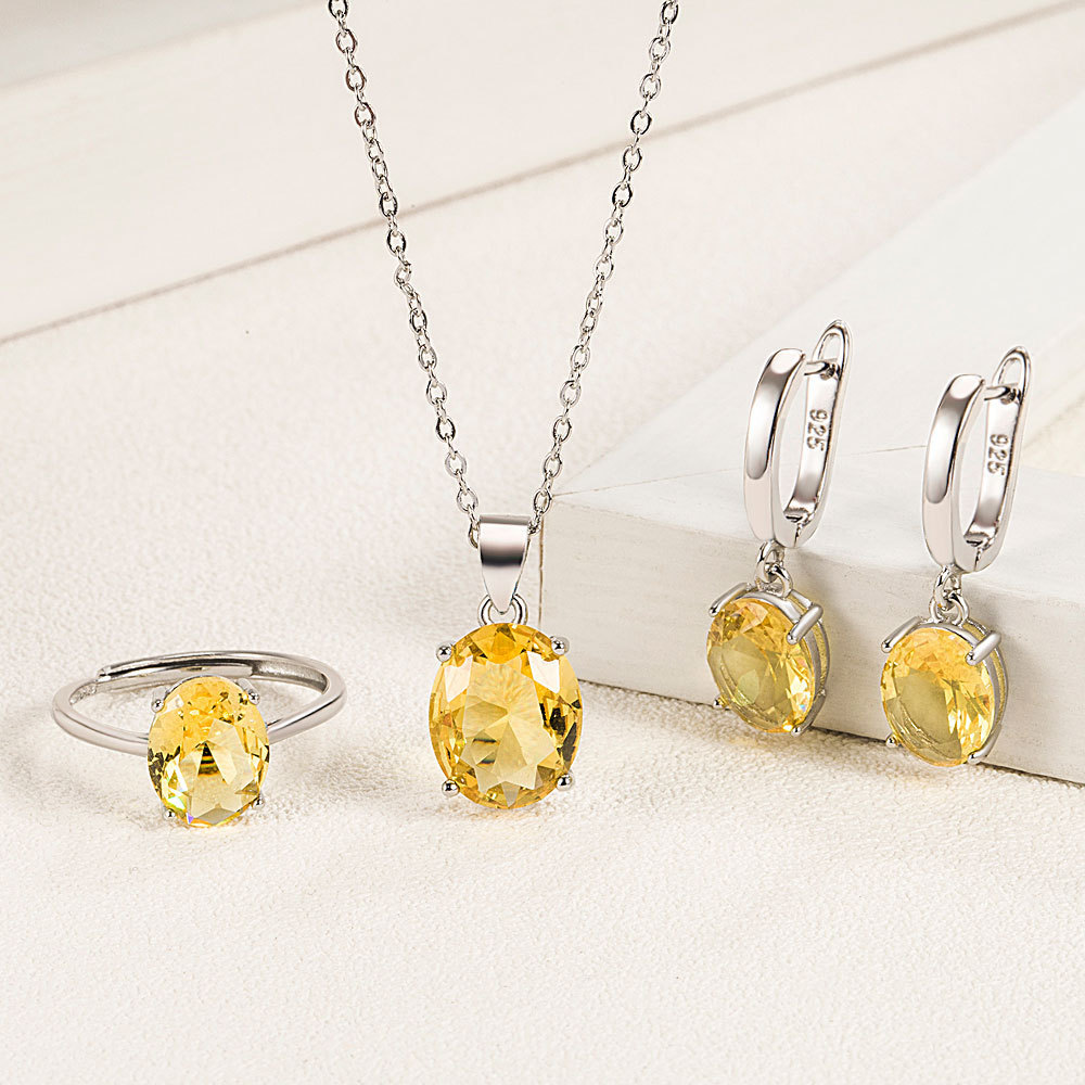 Bộ trang sức bạc 925 nữ với thiết kếellipse zircon, gồm vòng cổ và bông tai sang trọng