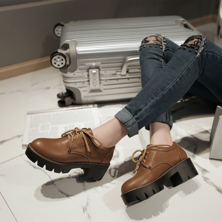 VNFF34-43 Kích Thước Lớn Mùa Xuân Phong Cách Mới Mũi Tròn Giày Gót Dày Phong Cách Châu Âu Mỹ Buộc Dây Giữa Động Cơ Thời Trang Đi Làm Giày Đế Dày