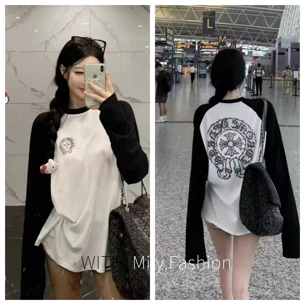 Milyfashion Cotton Nguyên Chất Rời Kích Thước Lớn Tay Raglan Retro In Hình Dài Tay Thiết Kế Niche Đáy Top 7INF