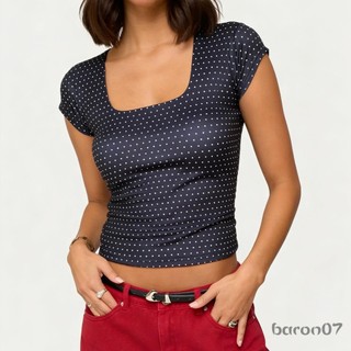Áo thuncrop top nữ in chấm bi, slim fit, cap tay, cổ vuông - Phù hợp dạo phố mùa hè
