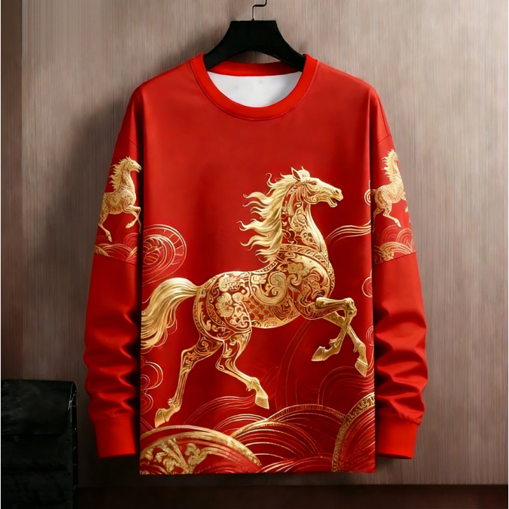 Áo Thun Unisex Cổ Tròn Tay Dài Họa Tiết Chúc Mừng Năm Mới Con Ngựa - 2026