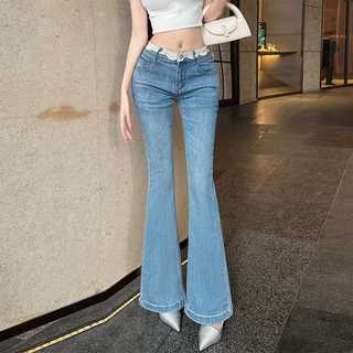 Quần ống loe nữ cạp trung đệm hông viền ren slim dài xanh nhạt mới xuân 2025 Closet Diary