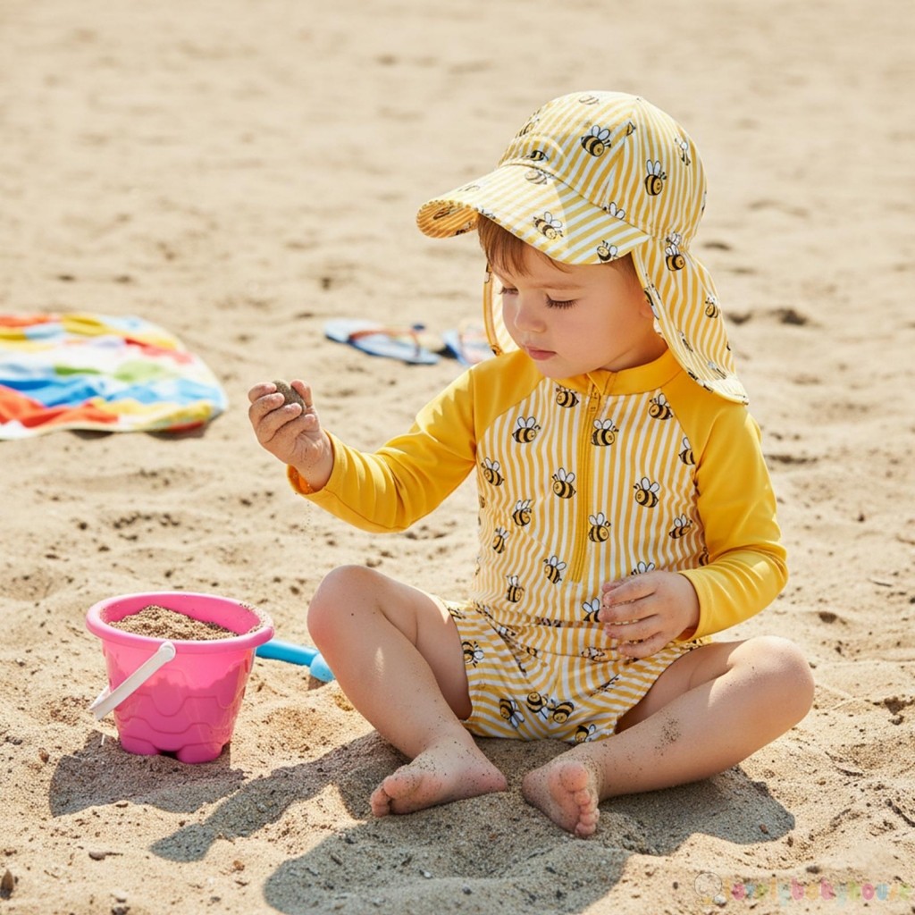 LBH-Baby Bee / Dưa Hấu / Thuyền buồm In Sọc Zip Up Áo Bơi Tay Dài Có Mũ Bộ 2 Chiếc