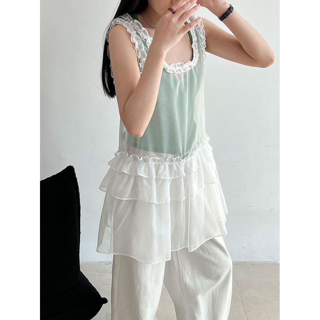 Milyfashion Lớp Không Tay Nấm Cạnh Cổ Gạc Bánh Sling Lớp Giữa Chiều Dài WJ4I