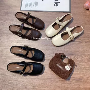 Sục bệt mũi vuông đế bệt da lì mềm, quai ngang phối khoá basic