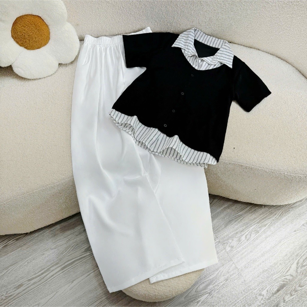 Set Đồ Bigsize Nữ  Áo Nút Trước Phối Cổ Sơ Mi + Quần Suông Che Bụng A338+Q558