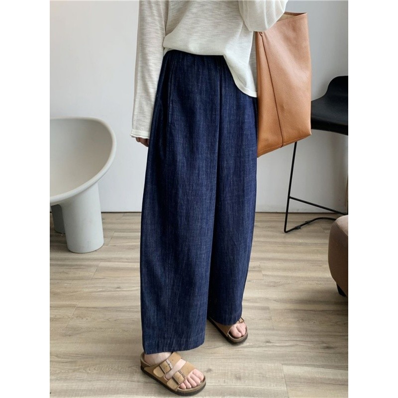 quần ống rộng Quần crop thường ngày có dây rút màu xanh