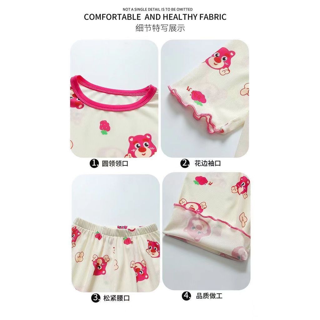 Bộ đồ ngủ hai mảnh lụa băng mỏng bé gái mùa hè thời trang mặc ngoài Loungewear 90-140 Size VVP2