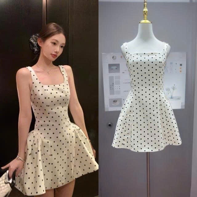 Đầm váy nữ dáng ngắn thiết kế chiết eo phối họa tiết chấm bi hottrend XIMI SP471
