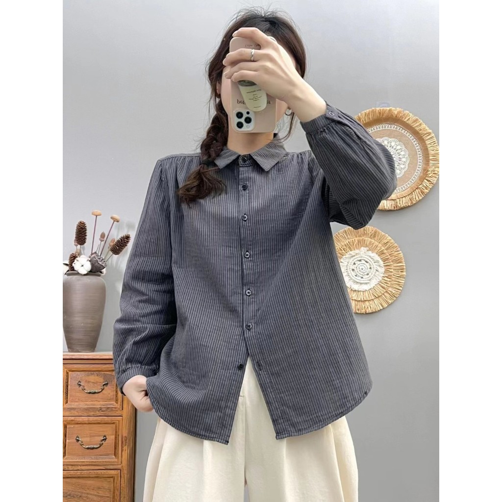 Áo sơ mi nữ cotton chất lượng cao, thiết kế retro, phù hợp xuân thu đa năng