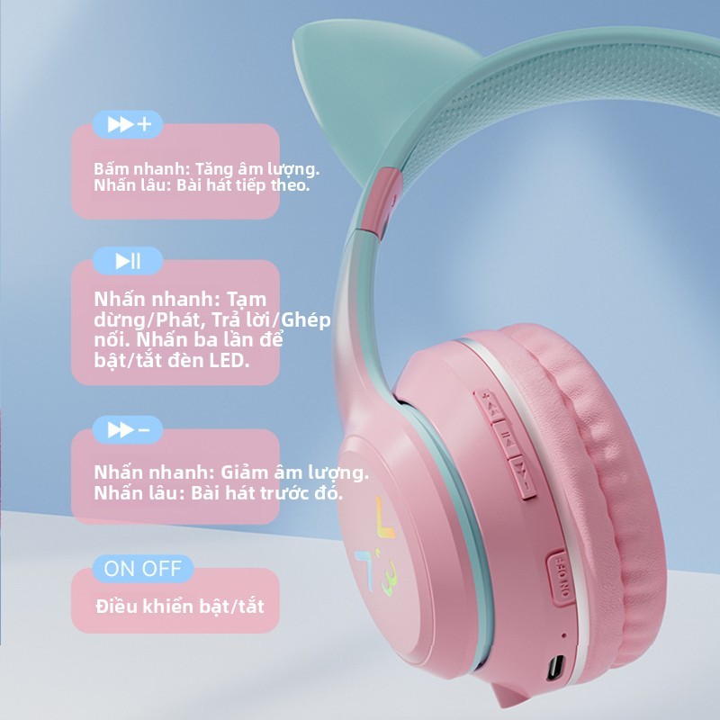Tai nghe Bluetooth tai mèo, có đèn LED, chip Bluetooth 5.1, có thể gập lại, dùng cho chơi game, học tập và trực tuyến.