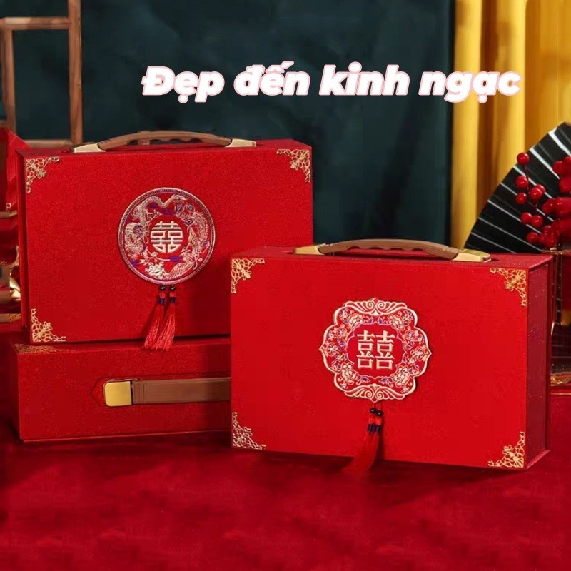Hộp valy nạp tài đựng sính lễ,Phong cách Tân Trung Hoa, quà cưới, có tua rua, tượng trưng cho cát tường như ý