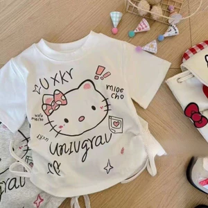Áo cổ tròn ngắn tay in họa tiết hoạt hình Hello Kitty dễ thương cho bé gái với thiết kế dây rút