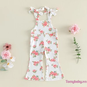 Bộ áo liền quần mùa hè cho bé gái Dây buộc không tay Dây buộc vai hoa loe tổng thể