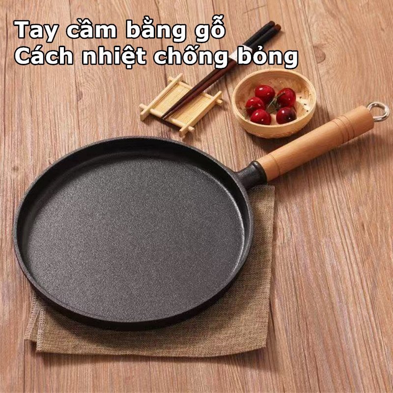 chảo gang chống dính đáy dày tay gỗ cách nhiệt rán bánh xèo bít tết bếp từ đa năng