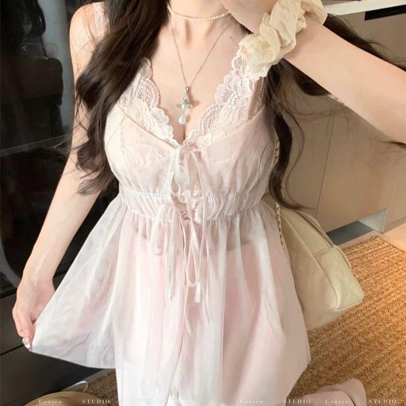 Bộ đồ nóng bỏng nữ mùa xuân, áo vest ren lưới hai mảnh