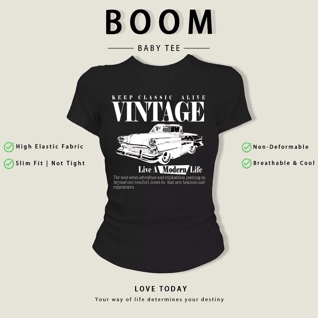 BOOM Áo Baby Tee Nữ Cotton Ôm Body-Áo Thun Ngắn Tay Y2K In Hình PhongCách Mùa Hè, Cổ Tròn Hàng Đầucách hàn quốc phongW28