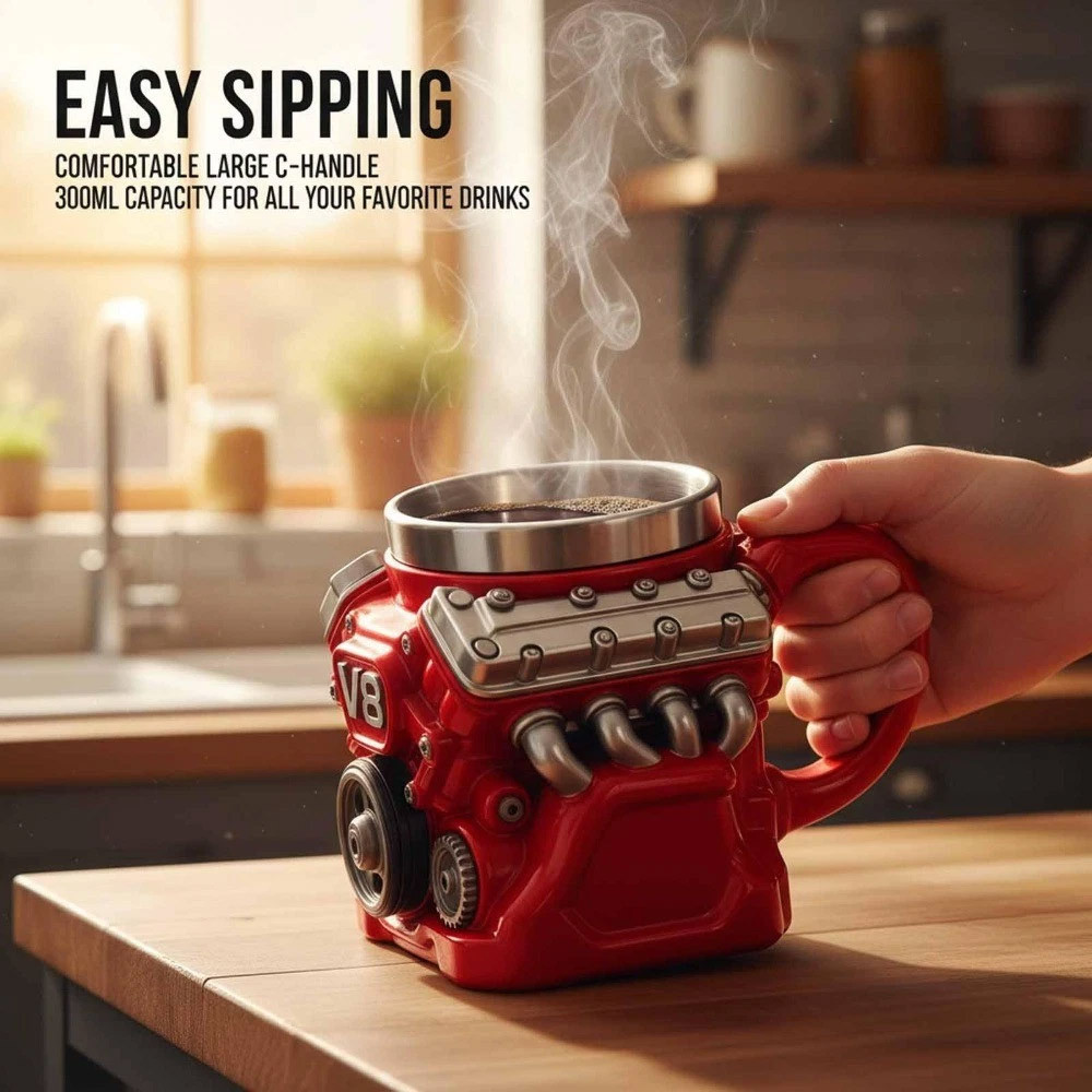 V8 Engines Stainless Steel Cup, Retro with Handle Engine Coffee Mug ...