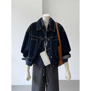 Áo khoác denim nữ retro màu xanh hải quân, ngực túi lớn, thiết kế lớp rời
