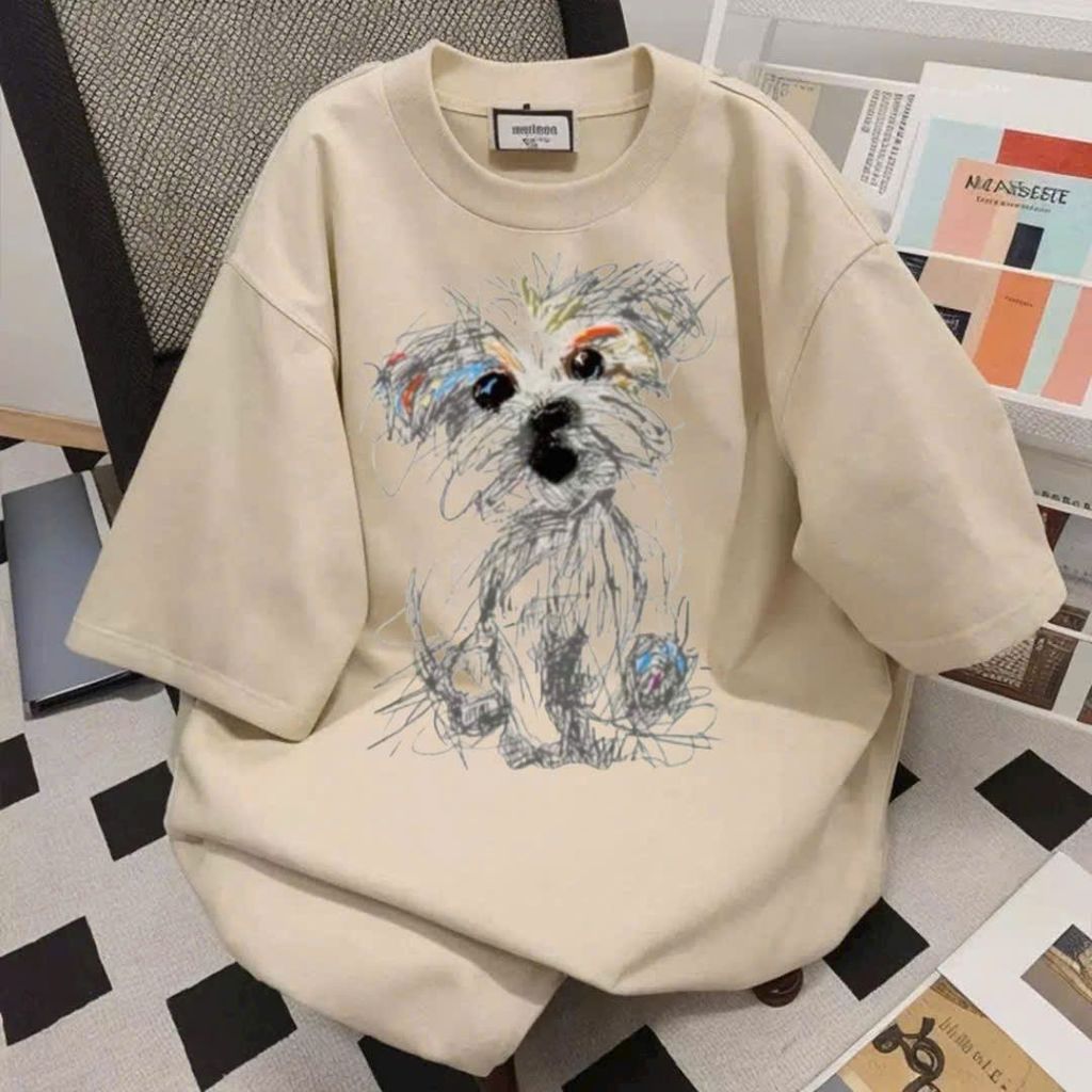 Áo phông unisex tay lỡ cotton su mát đa dạng Hình Chó xù dễ thương