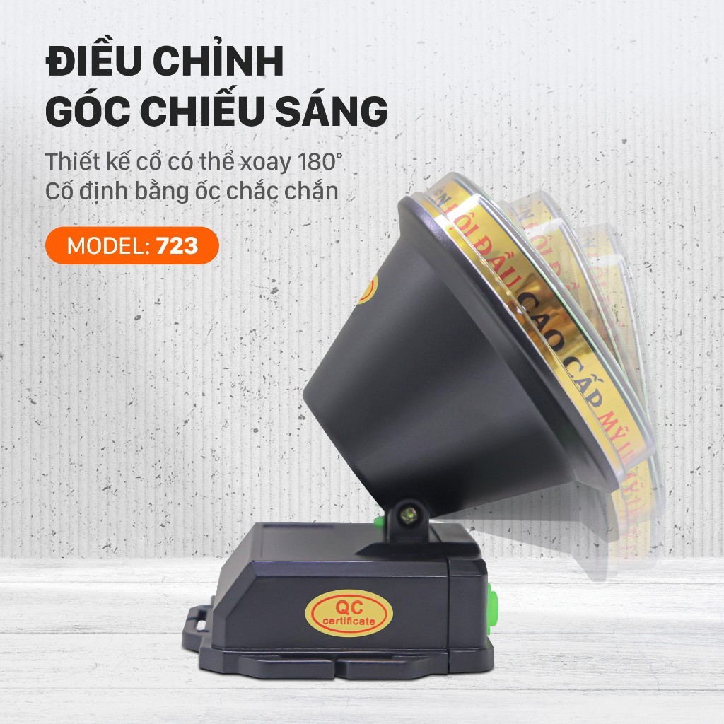 Đèn pin đội đầu siêu sáng 723 Mỹ Linh, đèn pin 2 chế độ sáng, xoay 180 độ, dùng pin lithium 2400mAh