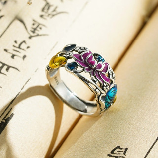 Nhẫn hoa sen Koi tráng men đầy màu sắc - Charm may mắn có thể điều chỉnh cho nữ