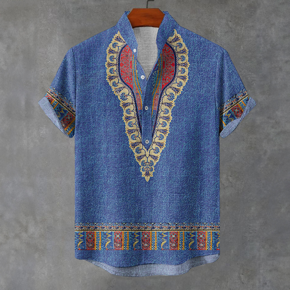 Áo sơ mi nam phong cách dân tộc, tay ngắn, họa tiết vintage oversize, phù hợp dạo phố