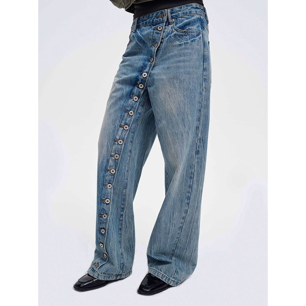 Quần Jean Nữ Thiết Kế Retro Mỹ Size Lớn, Nút Quần và Hình Chữ thập - Thời Trang Hàng Ngày