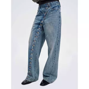 Quần Jean Nữ Thiết Kế Retro Mỹ Size Lớn, Nút Quần và Hình Chữ thập - Thời Trang Hàng Ngày