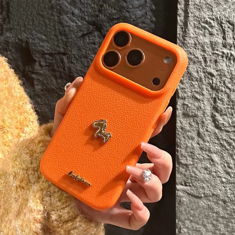 Ốp Điện Thoại Da Ngựa Chữ Vàng 3D Cho iPhone 17 Pro Max 17 Air 16 Plus 15 14 13 12 11 Vỏ Bảo Vệ Chống Sốc
