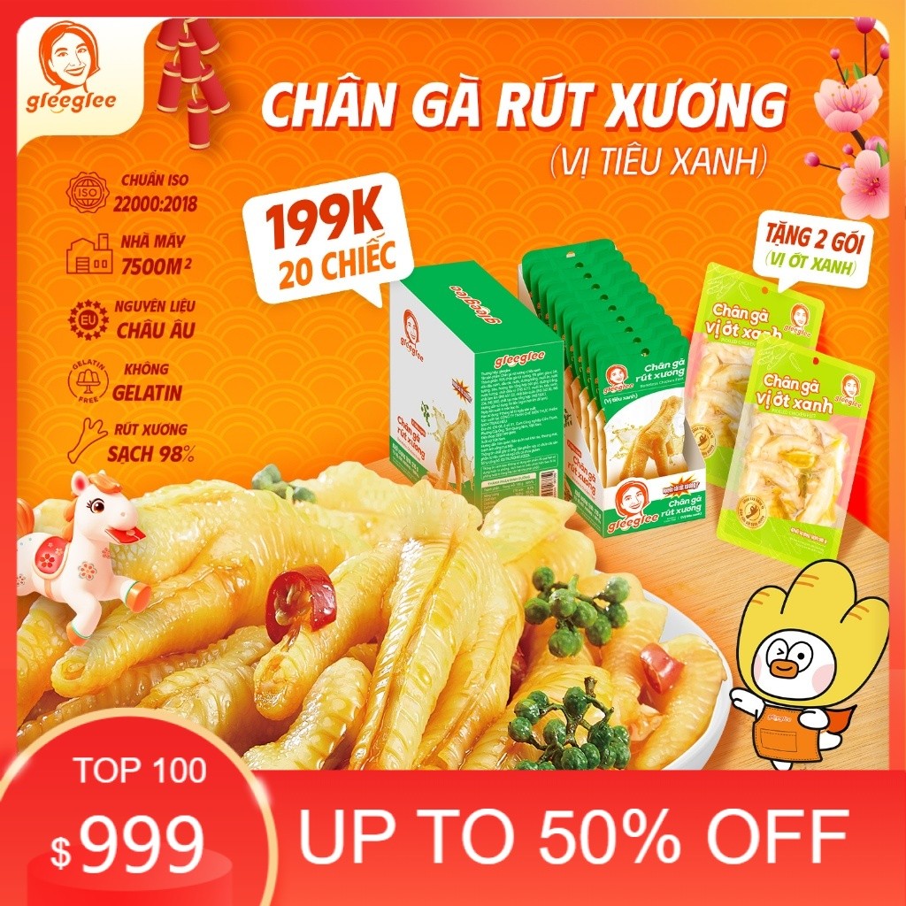 Combo Chân Gà Rút Xương GleeGlee VỊ TIÊU XANH 21g Cay Tê Thơm Chắc Thịt Sạch Xương, Chuẩn ISO 22000