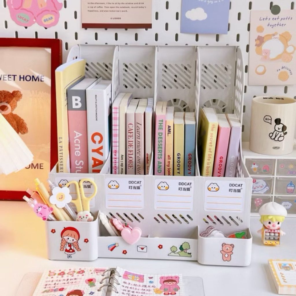 [Tặng Sticker] Giá Để Tài Liệu,  4 Ngăn, 2 tầng. Kệ Nhựa Đựng Sách Decor Bàn Học. Đựng bút
