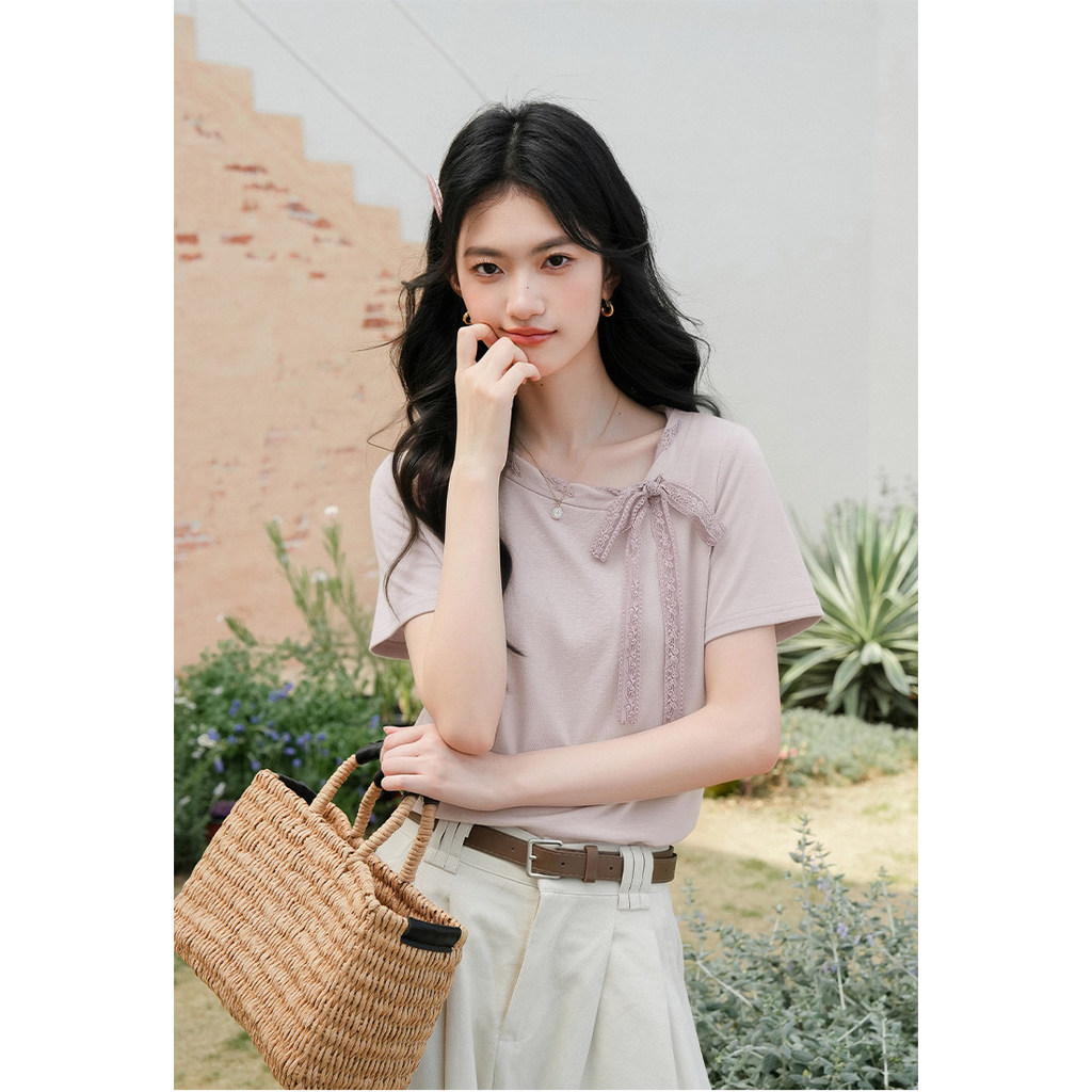 Mutu Áo Thun Nữ Ren Nơ Cổ, Màu Tím, Phong Cách Mới Nhẹ Nhàng