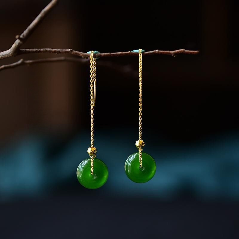 Cổ điển phong cách dân tộc - Bông tai dài màu xanh lá cây có khóa an toàn