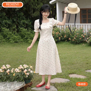 Đầm thiết kế BEMINE cổ vuông dáng chữ A họa tiết nơ phù hợp đi chơi-B469