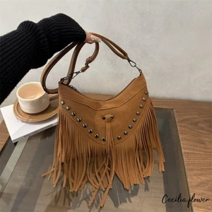 Túi đeo chéo tua rua Bohemian giả da lộn Vintage đinh tán có dây kéo Túi đeo vai