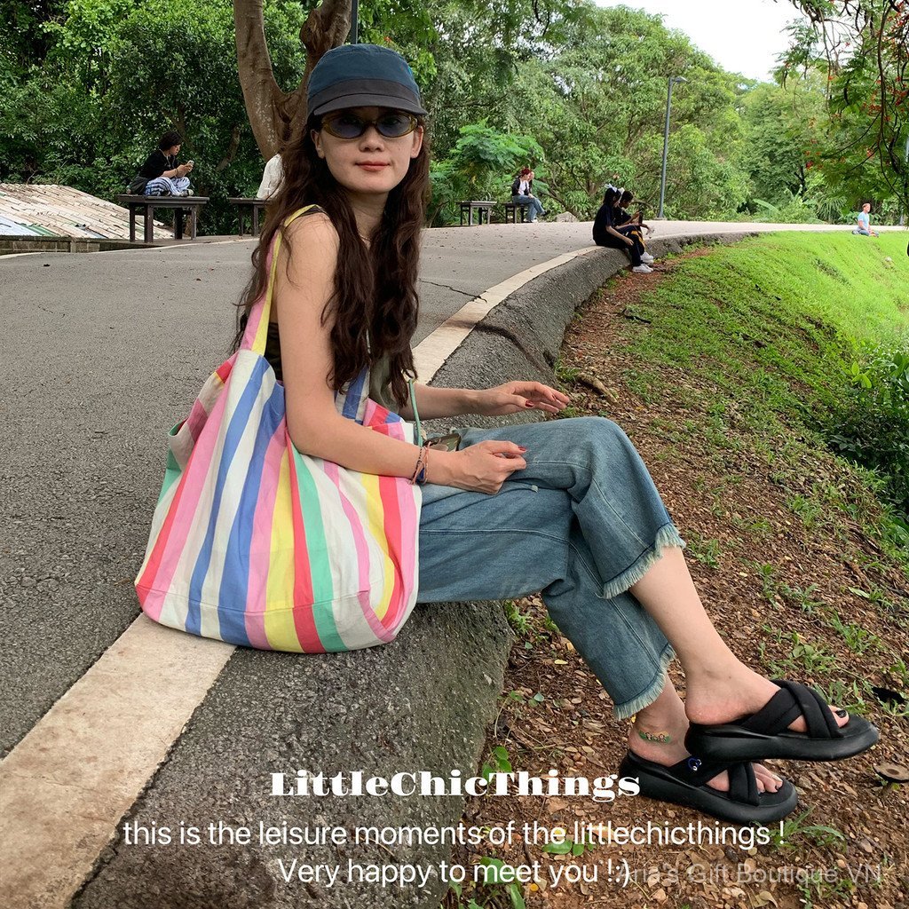 [Aria-G1] LittleChicThings Dopamine Aurora Phong Cách Sọc Cầu Vồng Dung Tích Lớn Mỏng Túi Đeo Vai Nữ