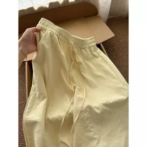 Phong cách lười biếng với quần ống rộng màu vàng Yamamoto, cạp cao ôm sát - Seckill thời gian giới hạn