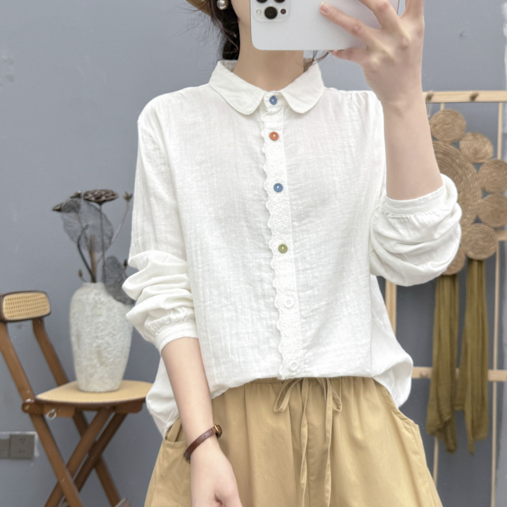 Áo sơ mi nữ thu đông mới, 100% cotton chất lượng cao, cổ tròn màu trơn tay dài, thiết kế đơn giản và thoải mái