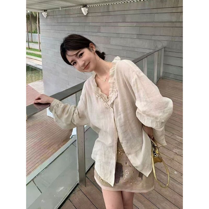 Áo sơ mi nữ cổ chữ V phong cách nhẹ nhàng kiểu Pháp, chất liệu mỏng mát, phù hợp mùa hè