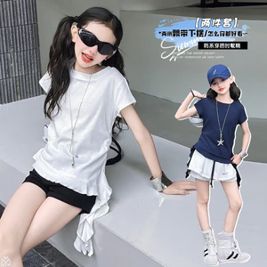 Áo thun ngắn tay ruy băng không đều cho bé gái 2026 Áo ngắn Slim-Fit dành cho trẻ em