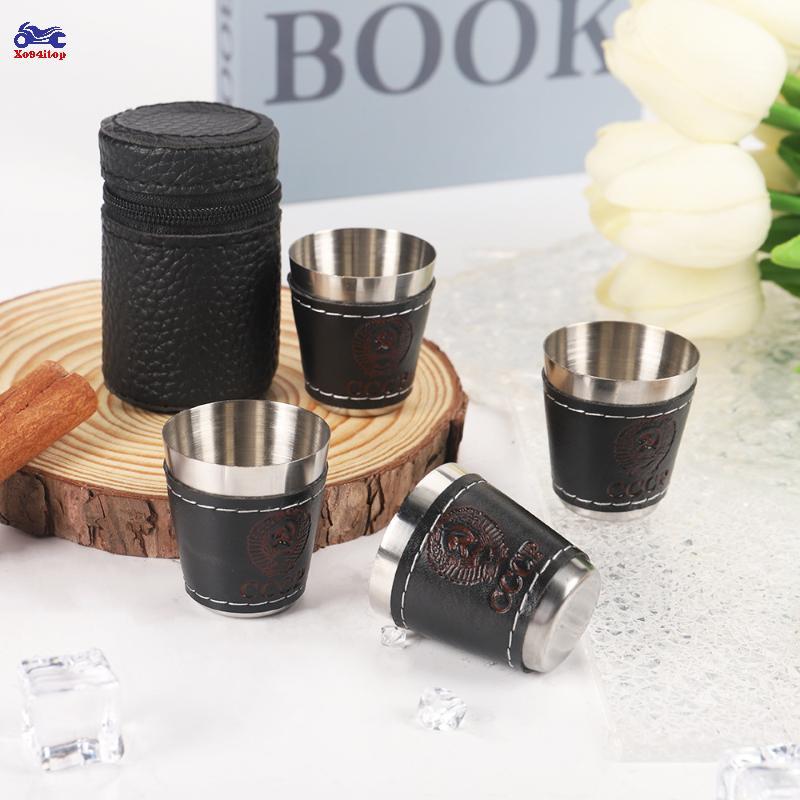 XOITOP 4 Cái / bộ Cốc Du Lịch Ngoài Trời Cốc Inox Có Da PU Di Động Cà Phê Rượu Bia Whisky Cốc Cắm Trại Bộ Đồ Ăn VN
