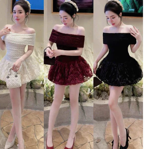 váy ren mềm trễ vai chân sóng dáng ngắn BYJOLIE