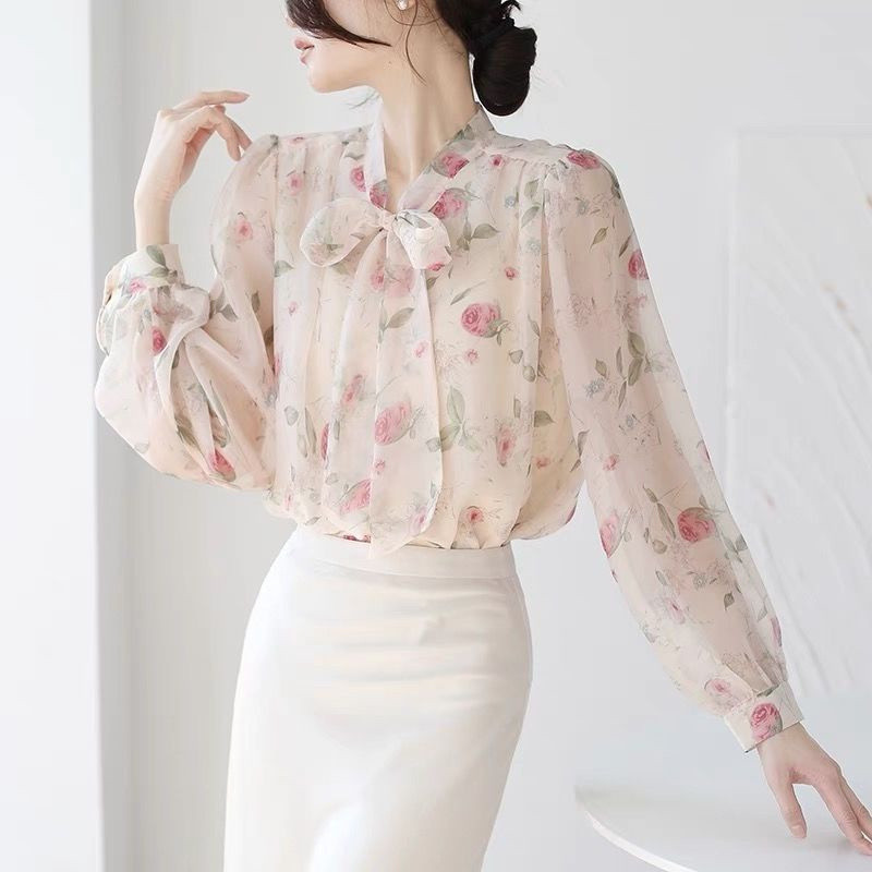 Áo sơ mi nữ voan dáng rộng, dây buộc ngọt ngào