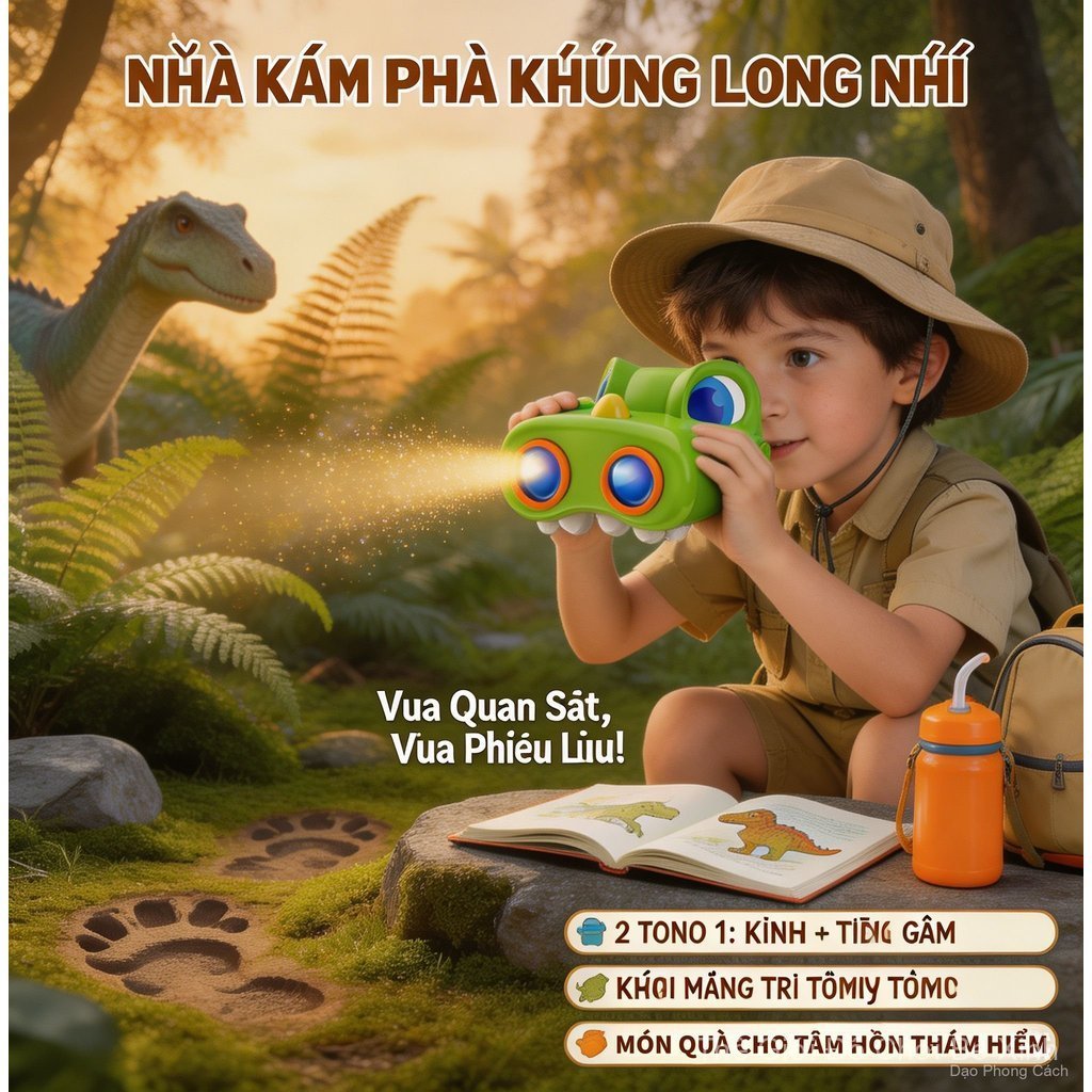 Ống nhòm hình khủng long bạo chúa, kèm sách hướng dẫn quan sát chim, cho bé 3-8 tuổi học mà chơi