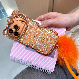 Ốp lưng iPhone tai mèo Bling màu cam có dây đeo cổ tay Pom-Pom | Ốp Điện Thoại Lấp Lánh Lấp Lánh Lấp Lánh Cho iphone 17 17ProMax 17Pro 16 15 14 Vỏ