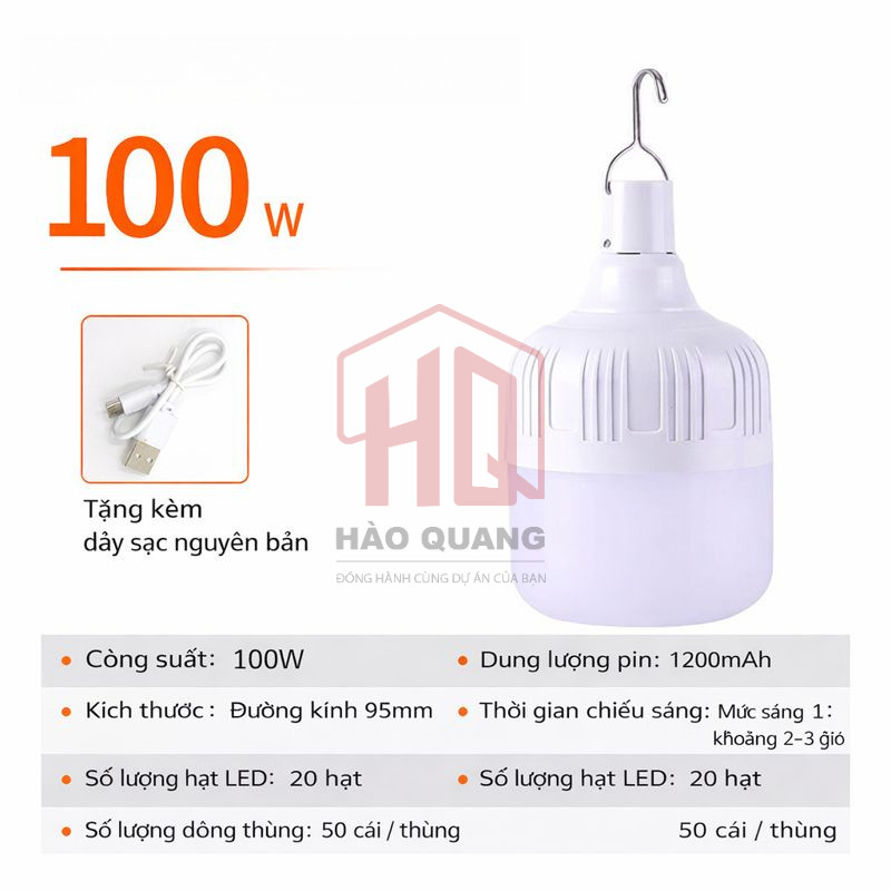 Bóng Đèn Tích Điện công suất 200w  – Siêu Sáng, Có Móc Treo, Dùng Khi Mất Điện