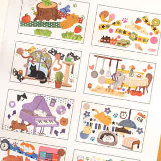 ENWEI 2 Chiếc [Cat Daily Life Series] Nhãn dán trang trí giấy tráng họa tiết mèo phong cách dễ thương Hạt dẻ Cottage Thú cưng dễ thương để ghi nhật ký Người lập kế hoạch Đồ dùng văn phòng phẩm